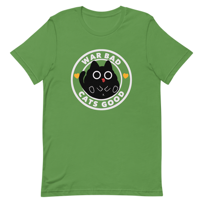 A chubby black cat with big round eyes sits in the center of a circle with the words “War Bad, Cats Good.” This artwork mixes cuteness with a powerful message, reminding us that peace and love always win over conflict. Perfect for cat lovers, peace advocates, and anyone who enjoys playful yet meaningful designs.