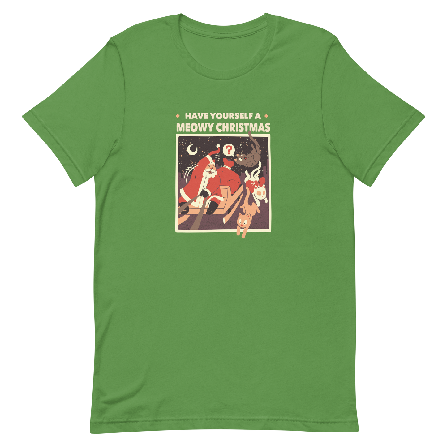 An illustration of Santa Claus flying across the Christmas Eve sky in his sleigh, tossing adorable kittens as gifts, paired with the phrase “Have Yourself a Meowy Christmas”. A playful and charming design that makes the perfect holiday gift for cat lovers and anyone who enjoys cute, quirky Christmas art.