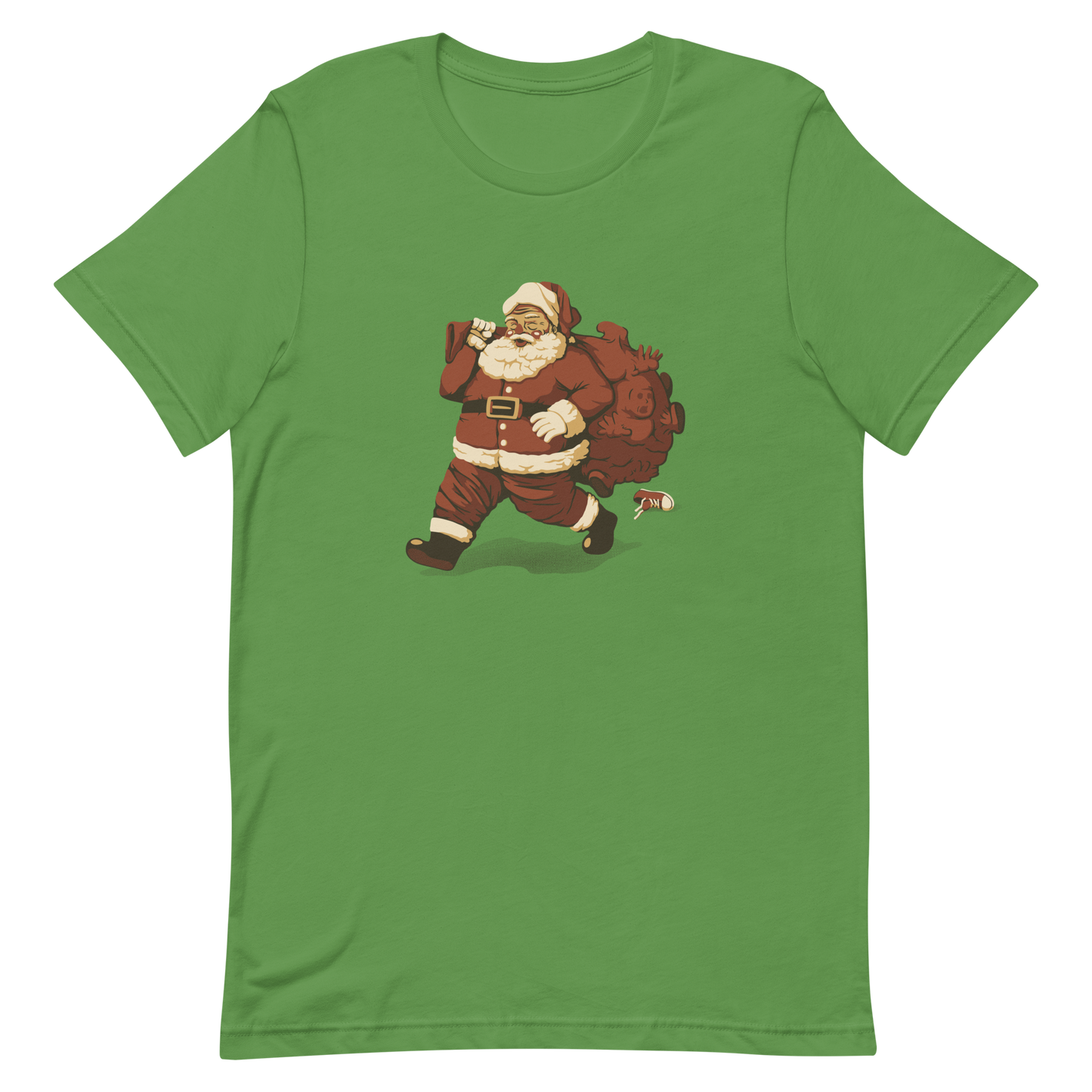 A cute Santa Claus carrying a red bag full of what appear to be gifts, but when you look closer you can see that there are several little boys. A fun art that mixes up the story that the good boys are going to get charcoal from Santa, but this time Santa is taking them.