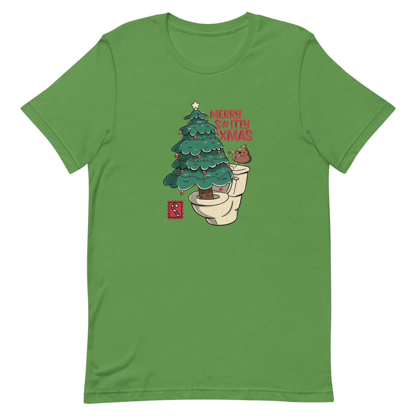 A toilet from which a Christmas tree is being decorated with Christmas decorations by a small poop, next to them the phrase "Merry Shitty Xmas". An art with a lot of humor for the Christmas mood.