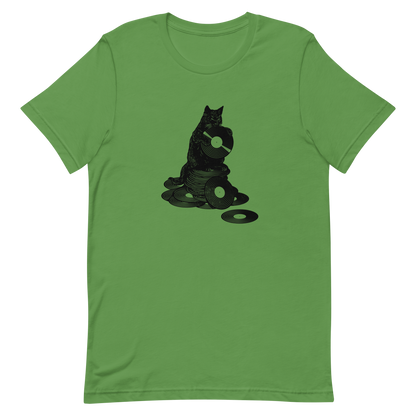 This design features a black cat cozily perched atop a stack of vinyl records, clutching one like it’s pure gold. It’s a tribute to analog lovers, feline charm, and the timeless joy of spinning a record. Perfect for music collectors, cat enthusiasts, and anyone with a nostalgic soul.