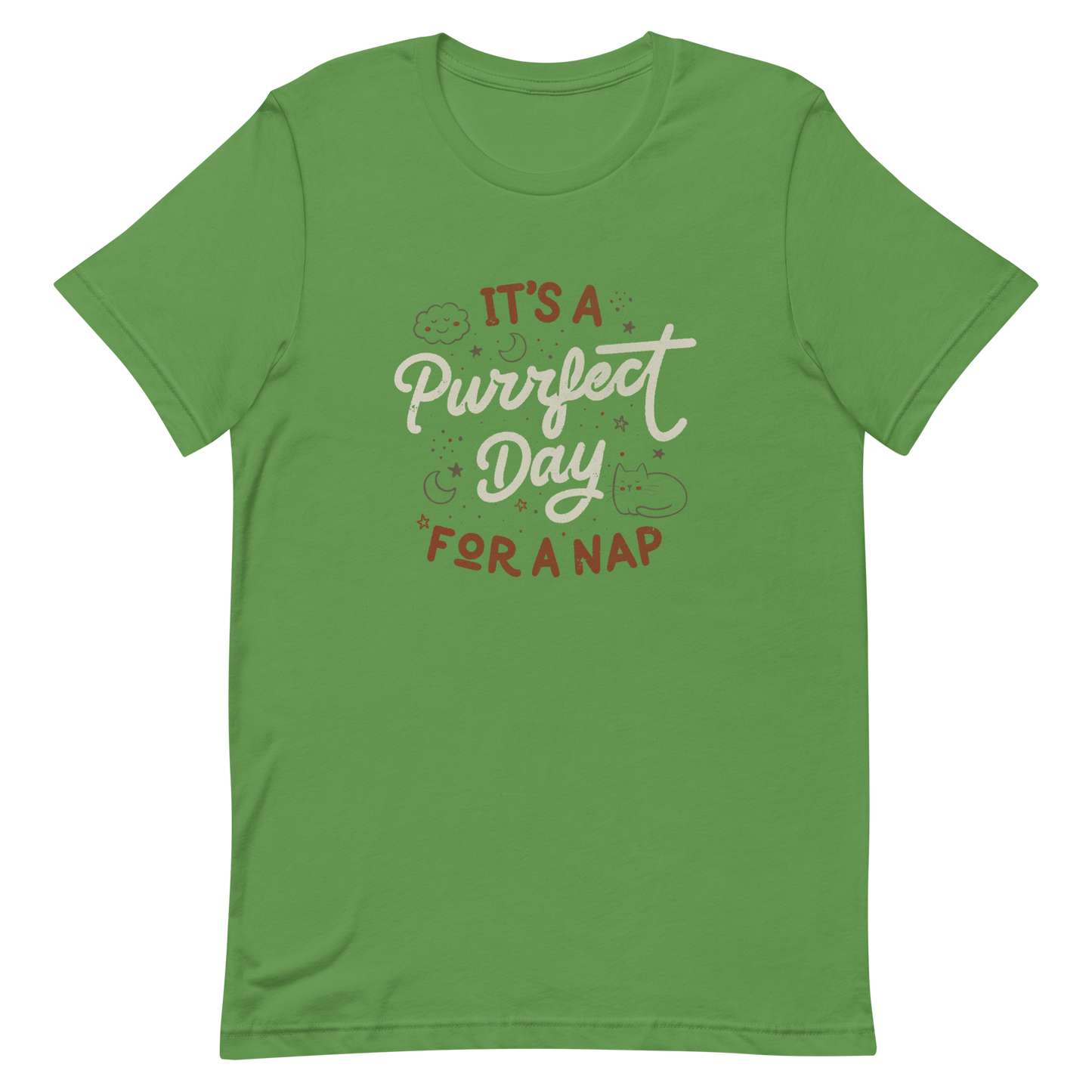 The artwork features the lettering "It's a Purrfect Day for a Nap" in a cute retro style, with a smiling cloud, stars, moons, and a relaxing kitten. This composition plays on the pun of "purrfect" and conveys all the charm of felines in their favorite moment: napping. Ideal for cat lovers, fans of funny phrases, and those who love to transform laziness into a lifestyle.