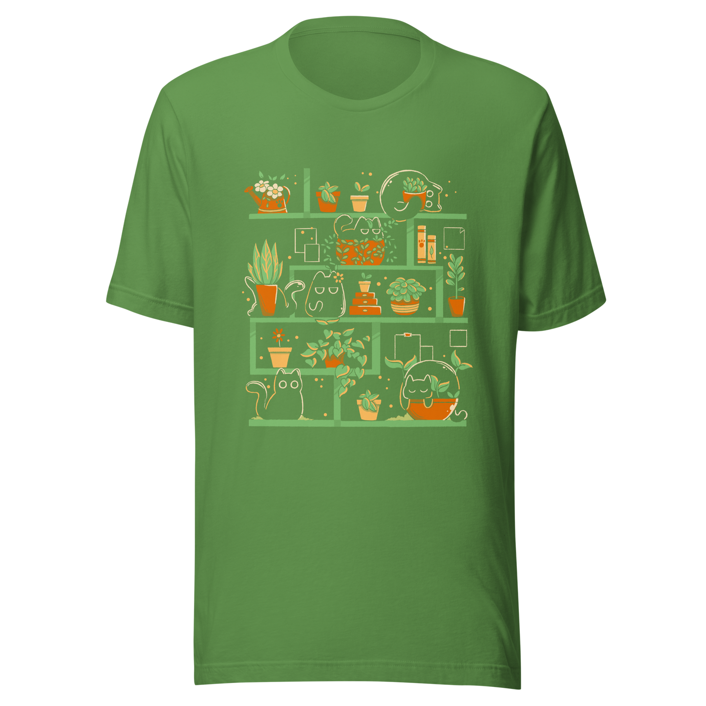 A minimalist illustration of a charming bookcase filled with lush potted plants and adorable kittens nestled among them. A cute and funny design, perfect for cat lovers, plant enthusiasts, and cosy decor fans.