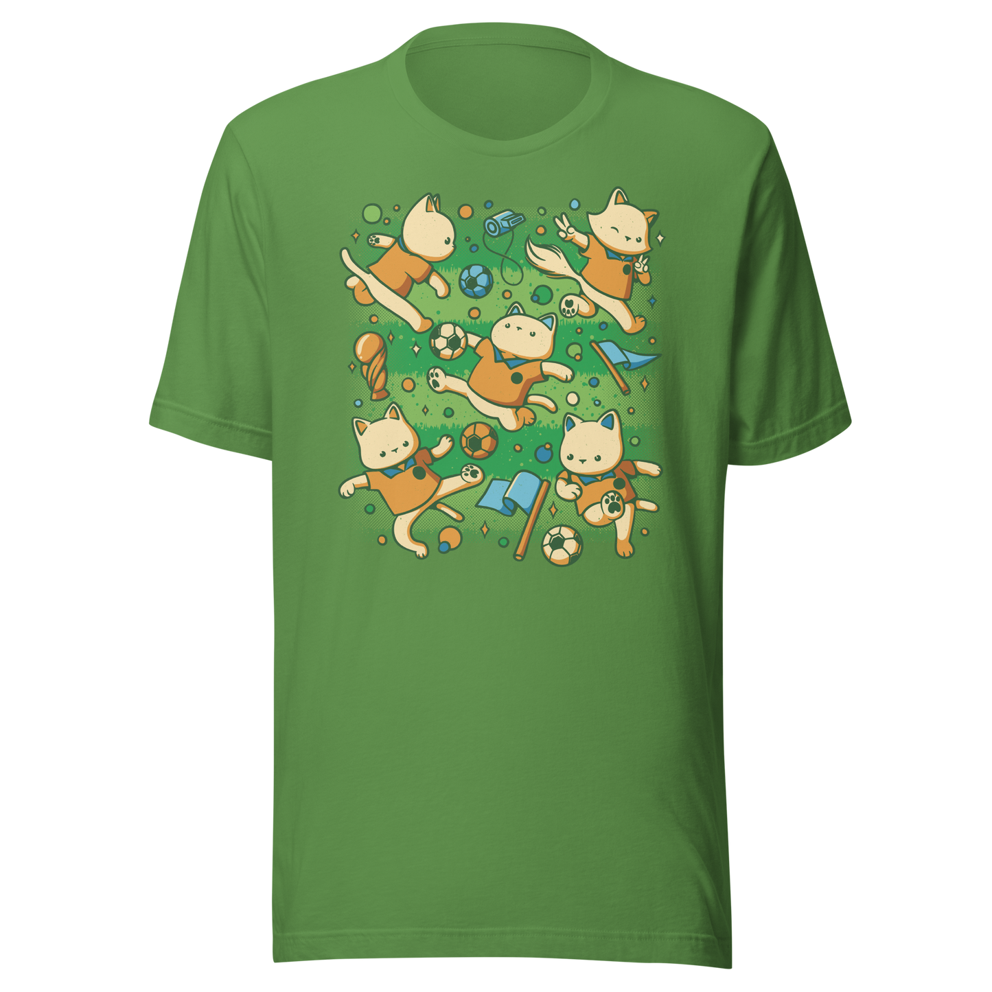 An artwork featuring several cats in soccer uniforms kicking a ball, surrounded by trophies, flags, and other football-inspired elements. A playful design perfect for cat lovers, soccer fans, and anyone who enjoys whimsical sports-themed art.