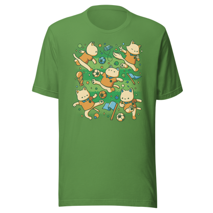 An artwork featuring several cats in soccer uniforms kicking a ball, surrounded by trophies, flags, and other football-inspired elements. A playful design perfect for cat lovers, soccer fans, and anyone who enjoys whimsical sports-themed art.