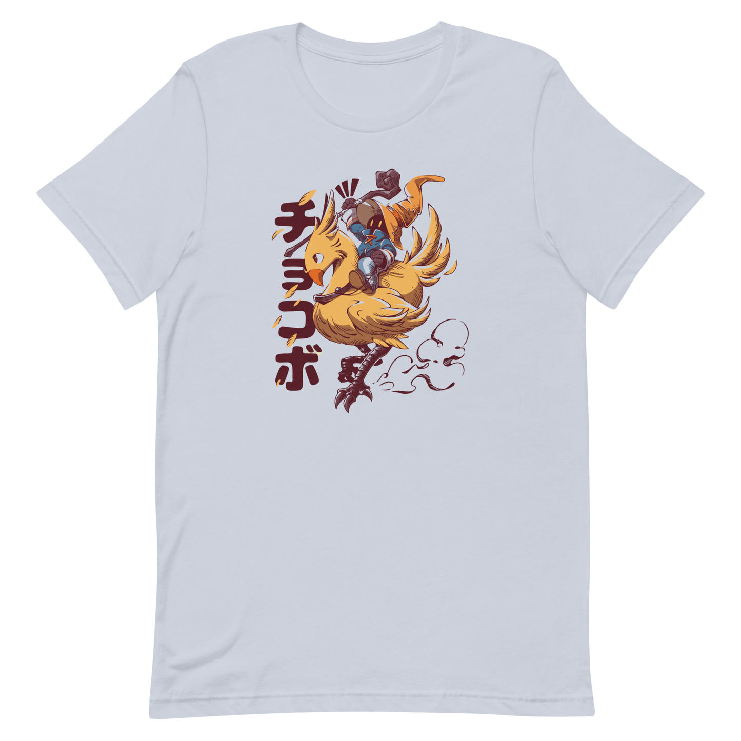 A speedy yellow bird dashes forward with a tiny mage rider gripping tight and ready for action. A fun and nostalgic design full of movement and fantasy charm.