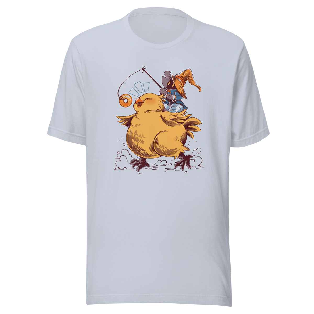 A tiny wizard rides a chunky yellow bird while chasing a dangling donut, mixing cute fantasy chaos, retro RPG charm, and playful adventure in a fun whimsical design.