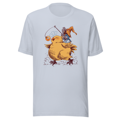 A tiny wizard rides a chunky yellow bird while chasing a dangling donut, mixing cute fantasy chaos, retro RPG charm, and playful adventure in a fun whimsical design.