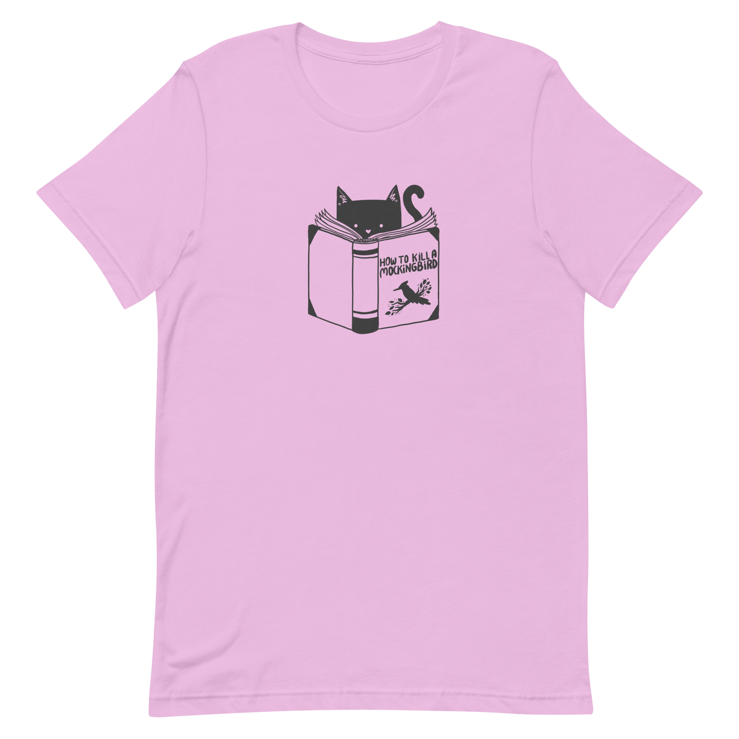 A black and white illustration features a cat peeking over an open book titled 'How to Kill a Mockingbird,' playfully altering the classic novel's title. The cat has a heart-shaped nose and simple, cute facial features. The design is whimsical and ironic, combining classic literature with a humorous twist.