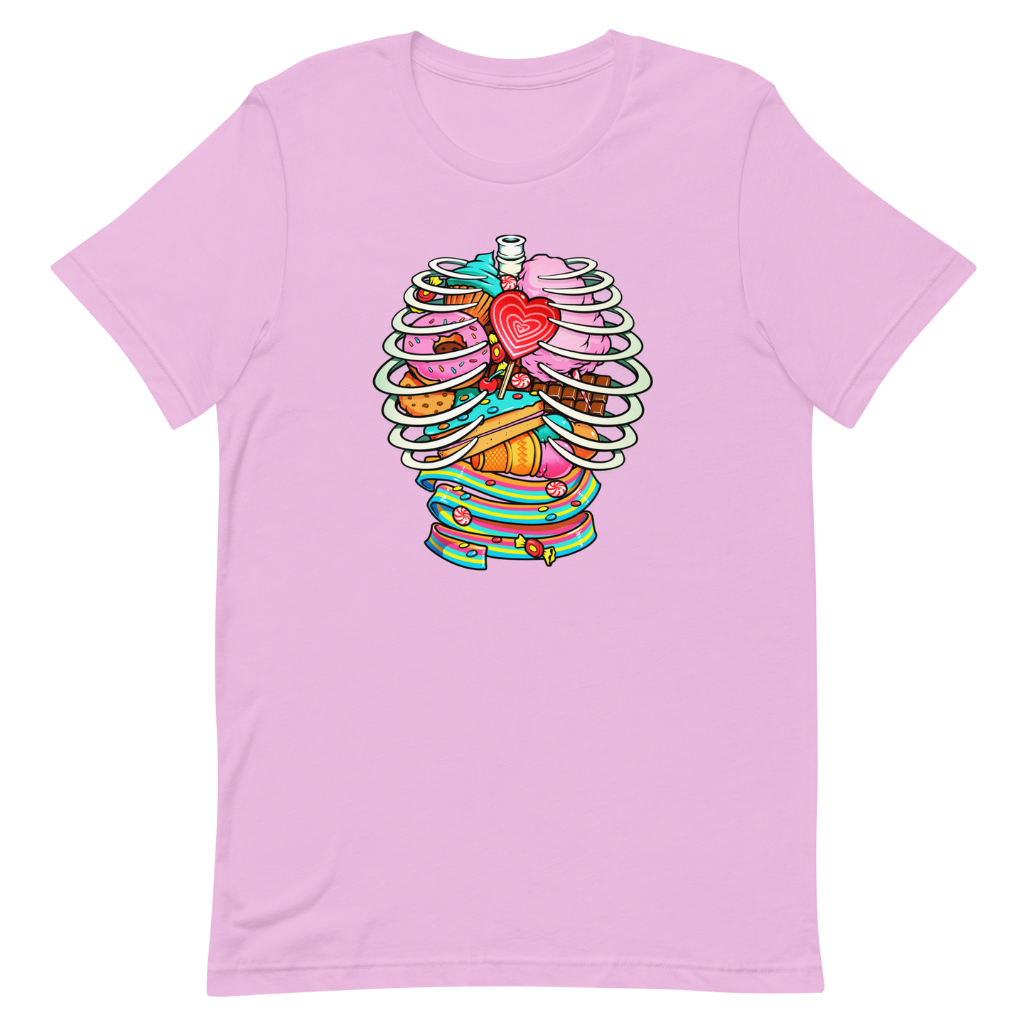 This vibrant design features a detailed, cartoonish human ribcage with various colorful candies and sweets filling the cavity. The sweets include a heart-shaped lollipop, cookies, cotton candy, chocolate bars, ice cream, donuts, and colorful candy strips. The style is reminiscent of pop art with bold lines and vivid colors, making it visually striking and playful.