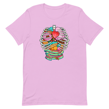 This vibrant design features a detailed, cartoonish human ribcage with various colorful candies and sweets filling the cavity. The sweets include a heart-shaped lollipop, cookies, cotton candy, chocolate bars, ice cream, donuts, and colorful candy strips. The style is reminiscent of pop art with bold lines and vivid colors, making it visually striking and playful.