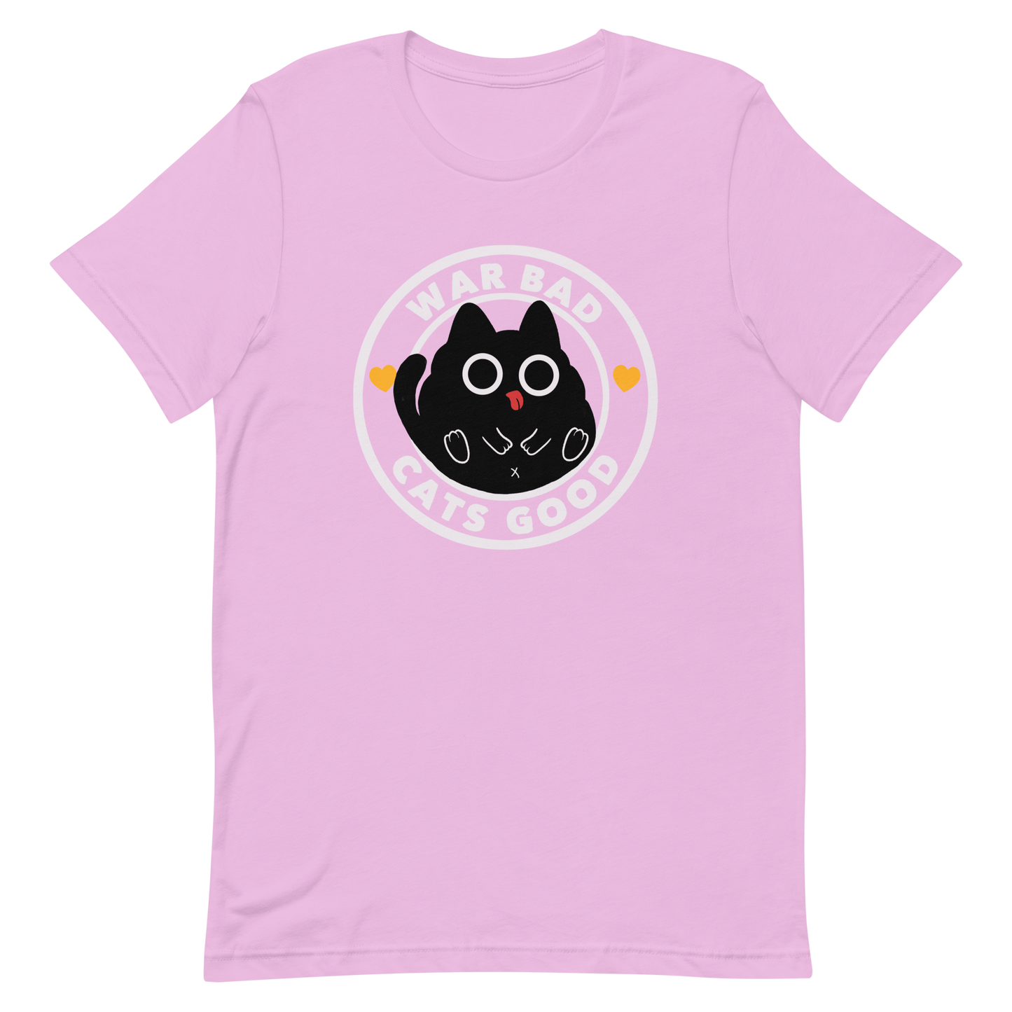 A chubby black cat with big round eyes sits in the center of a circle with the words “War Bad, Cats Good.” This artwork mixes cuteness with a powerful message, reminding us that peace and love always win over conflict. Perfect for cat lovers, peace advocates, and anyone who enjoys playful yet meaningful designs.