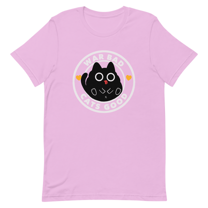 A chubby black cat with big round eyes sits in the center of a circle with the words “War Bad, Cats Good.” This artwork mixes cuteness with a powerful message, reminding us that peace and love always win over conflict. Perfect for cat lovers, peace advocates, and anyone who enjoys playful yet meaningful designs.