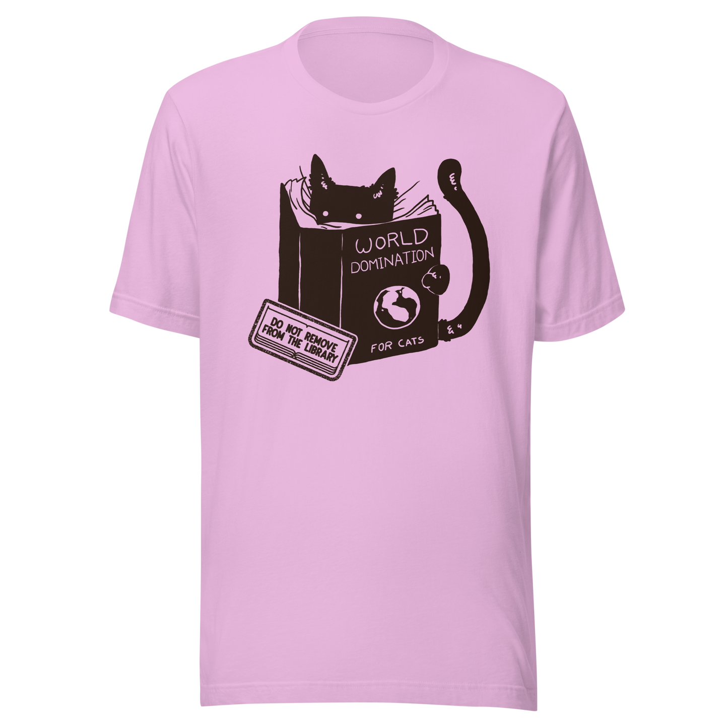 A minimalist illustration of a black kitten reading a book titled “World Domination for Cats,” featuring a humorous “Do Not Remove From Library” sticker. A playful artwork that captures the clever and ambitious nature of cats, perfect for cat lovers and fans of witty minimalist designs.