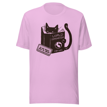 A minimalist illustration of a black kitten reading a book titled “World Domination for Cats,” featuring a humorous “Do Not Remove From Library” sticker. A playful artwork that captures the clever and ambitious nature of cats, perfect for cat lovers and fans of witty minimalist designs.