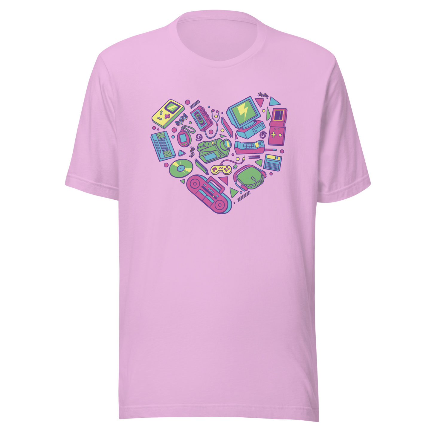 A heart made of iconic 90s electronics like computers, Walkmans, telephones, video game consoles, and Discmen, all in vibrant neon colours. A bold, nostalgic artwork perfect for anyone who loves retro tech and 90s vibes.