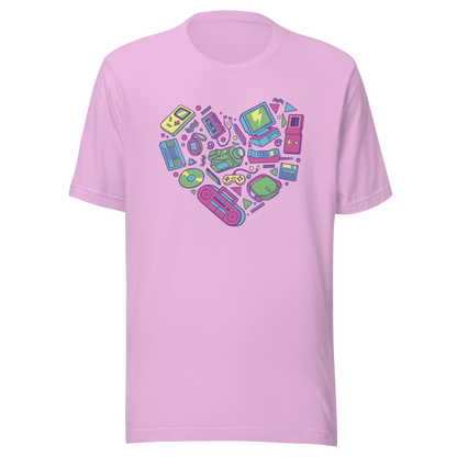 A heart made of iconic 90s electronics like computers, Walkmans, telephones, video game consoles, and Discmen, all in vibrant neon colours. A bold, nostalgic artwork perfect for anyone who loves retro tech and 90s vibes.