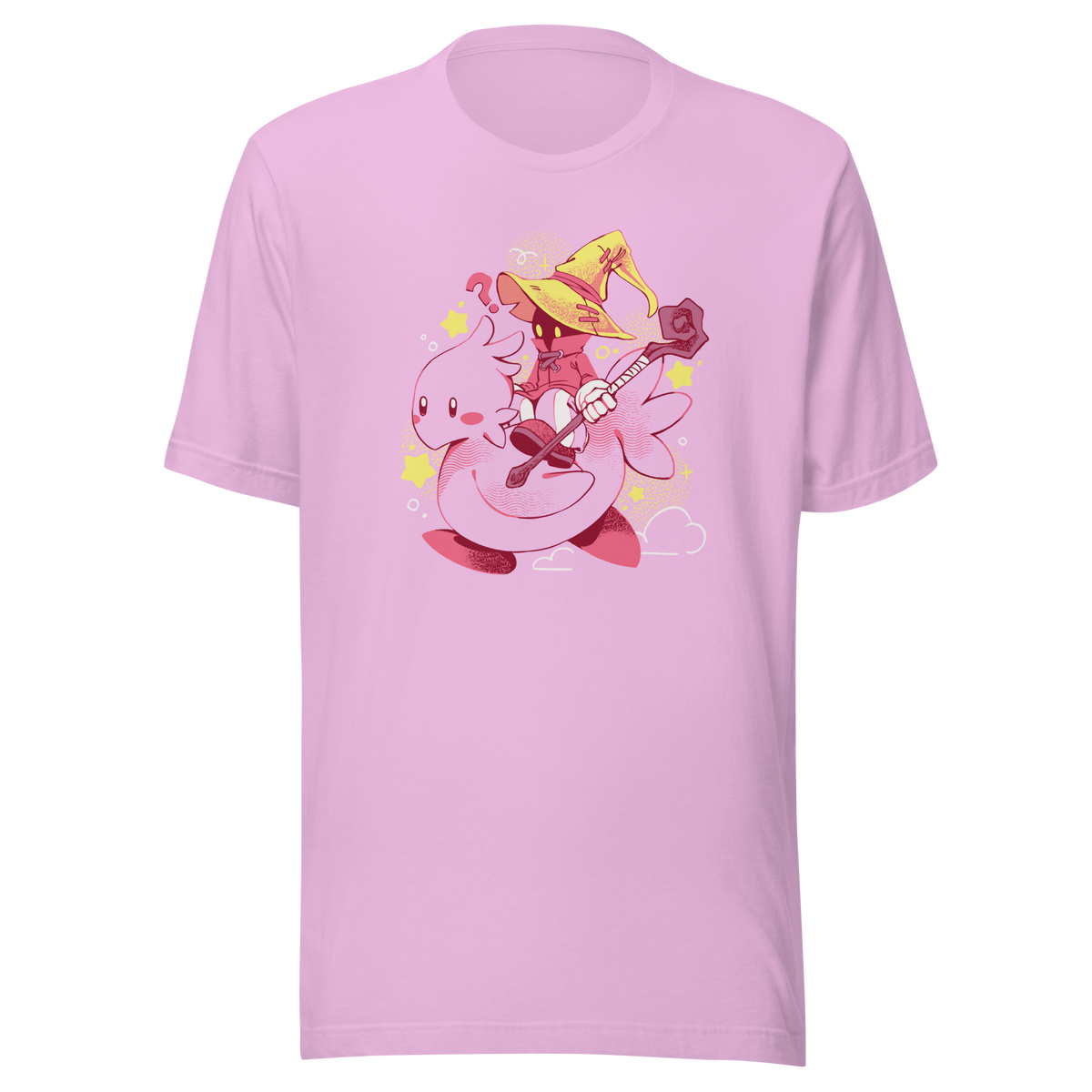 A charming fantasy illustration featuring a tiny wizard riding a soft pink bird through a magical sky. With a whimsical kawaii style, bright pastel colors, and playful fantasy elements, this design captures the joy of adventure and imagination. 