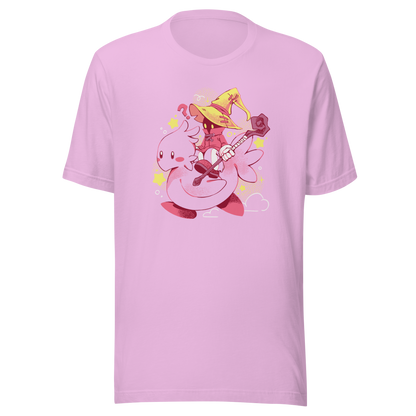 A charming fantasy illustration featuring a tiny wizard riding a soft pink bird through a magical sky. With a whimsical kawaii style, bright pastel colors, and playful fantasy elements, this design captures the joy of adventure and imagination. 
