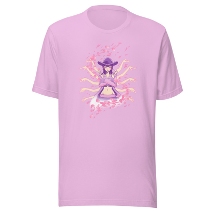 An elegant anime-inspired woman with multiple arms moves through swirling cherry blossom petals, blending grace, mystery, and soft pastel power in a striking decorative composition.