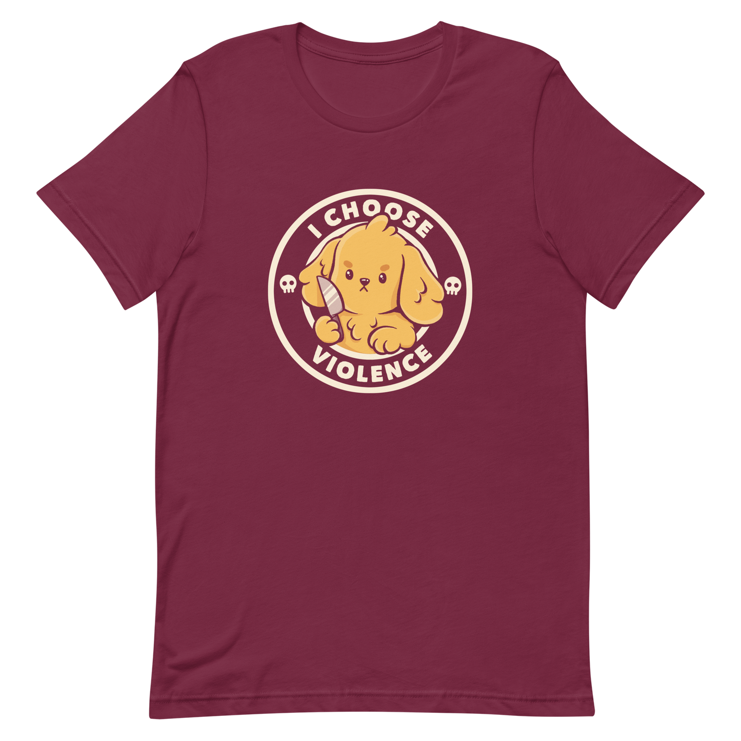 A cute yellow cartoon dog holds a small knife, surrounded by a circular logo that reads 'I Choose Violence'. The dog's expression is serious, yet the overall style is playful and cute. Two small skull icons are on either side, adding an ironic tone to the cheerful design.