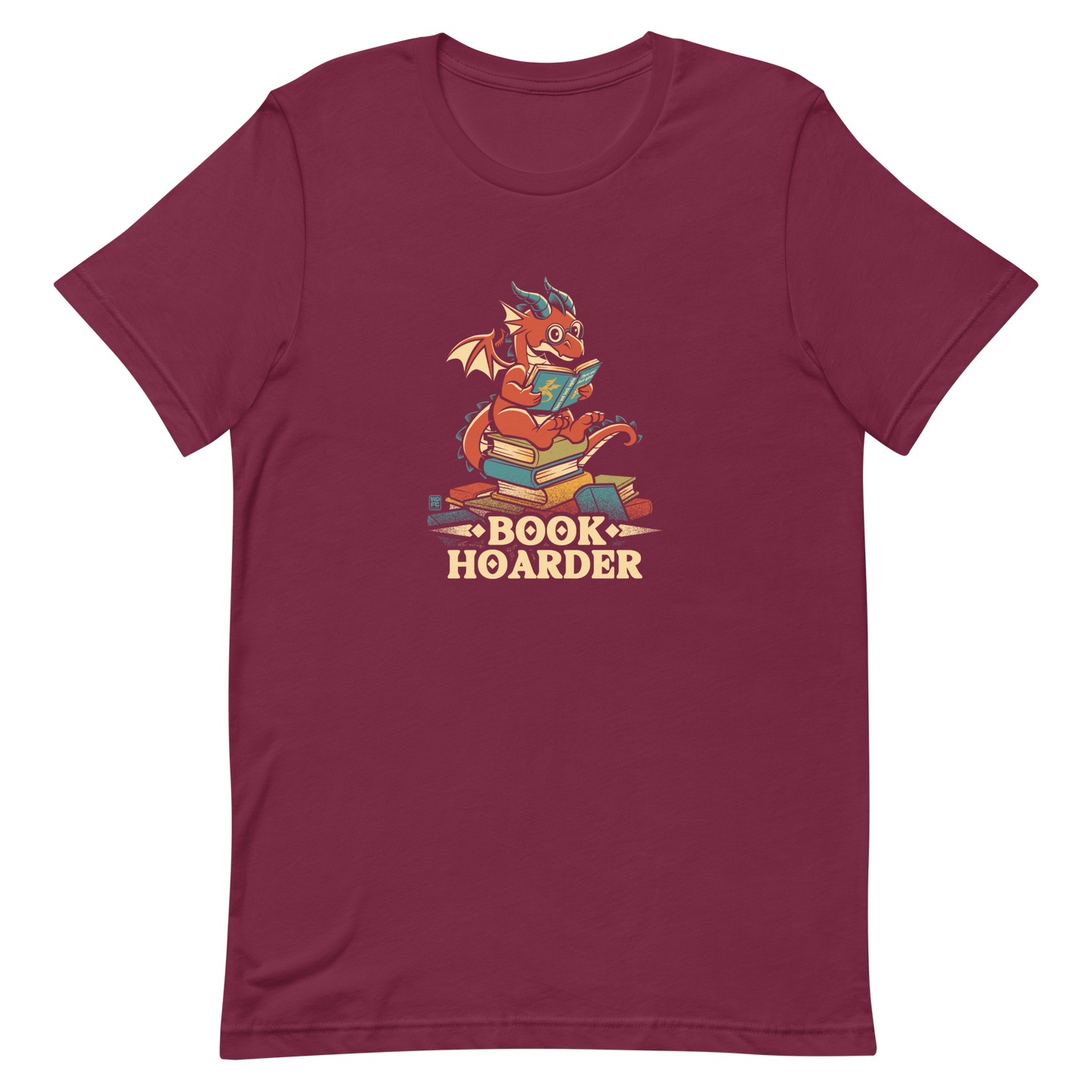 Perched atop his treasure trove of books, this red nerdy dragon is ready to devour epic adventures, magic tales, and fantasy worlds. The words 'BOOK HOARDER' are placed at the bottom of the design.