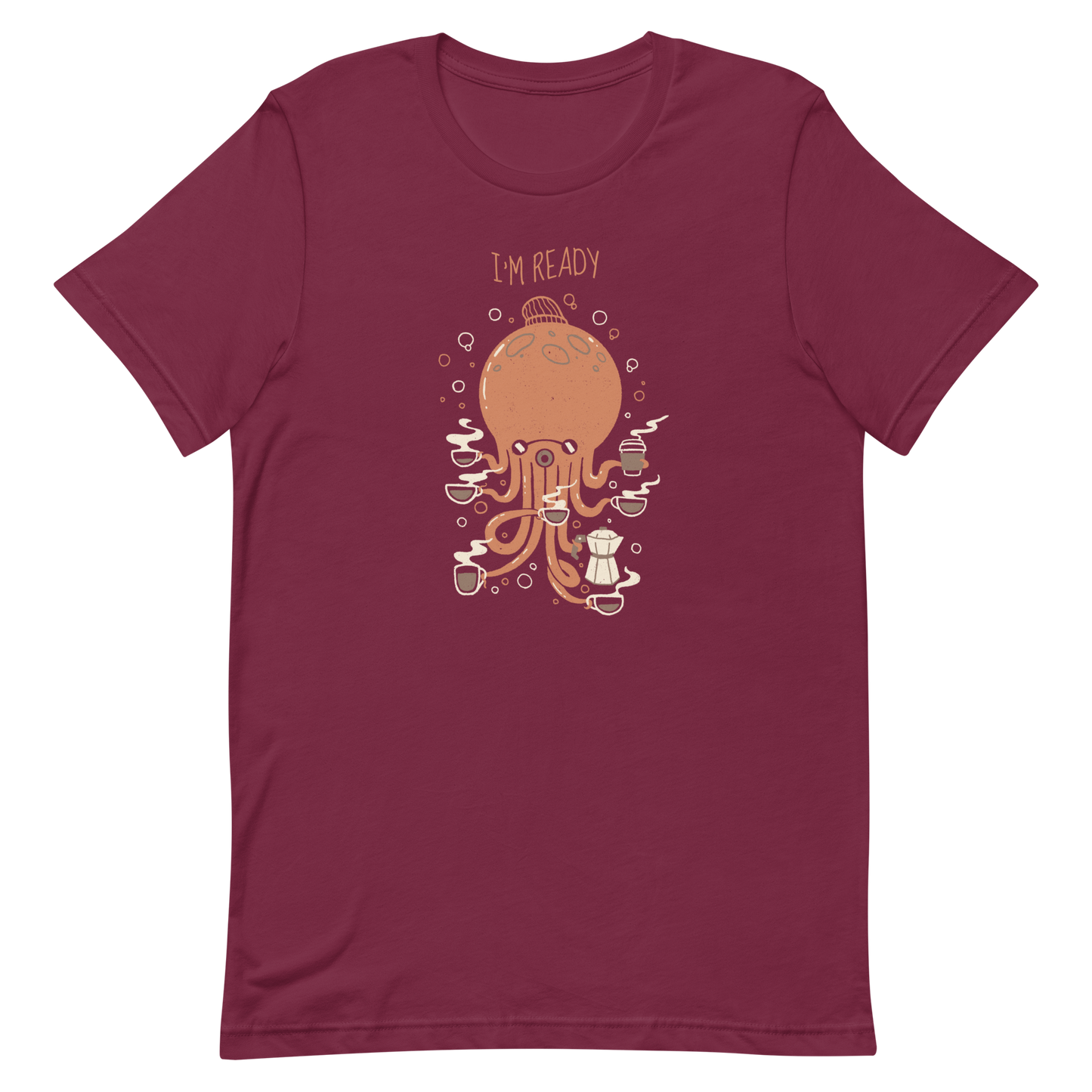An orange octopus wearing a cap, balancing several cups of steaming coffee on its tentacles. This design blends the marine world with a passion for coffee, creating a fun and energetic scene. Ideal for coffee lovers, fans of funny illustrations, and anyone who needs a stylish morning pick-me-up.