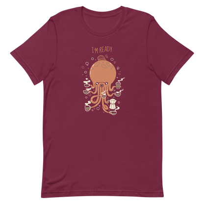 An orange octopus wearing a cap, balancing several cups of steaming coffee on its tentacles. This design blends the marine world with a passion for coffee, creating a fun and energetic scene. Ideal for coffee lovers, fans of funny illustrations, and anyone who needs a stylish morning pick-me-up.