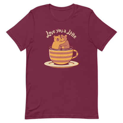 A cute Valentine’s Day illustration featuring two teddy bears hugging inside a cup of black coffee, paired with the phrase “I Love You a Latte”. A sweet and cosy design for coffee lovers, bear fans, and anyone who enjoys playful, romantic humour.

