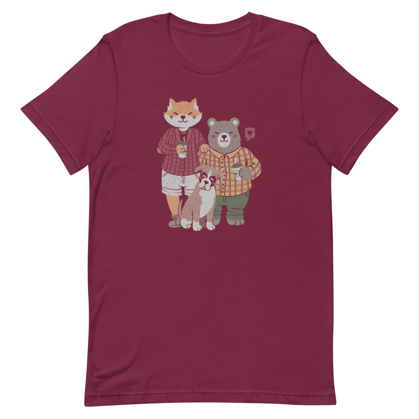 A beautiful family made up of a little red fox, a gray bear wearing plaid shirts and having a coffee with their boxer dog. An art that shows that families can be different what matters is love.