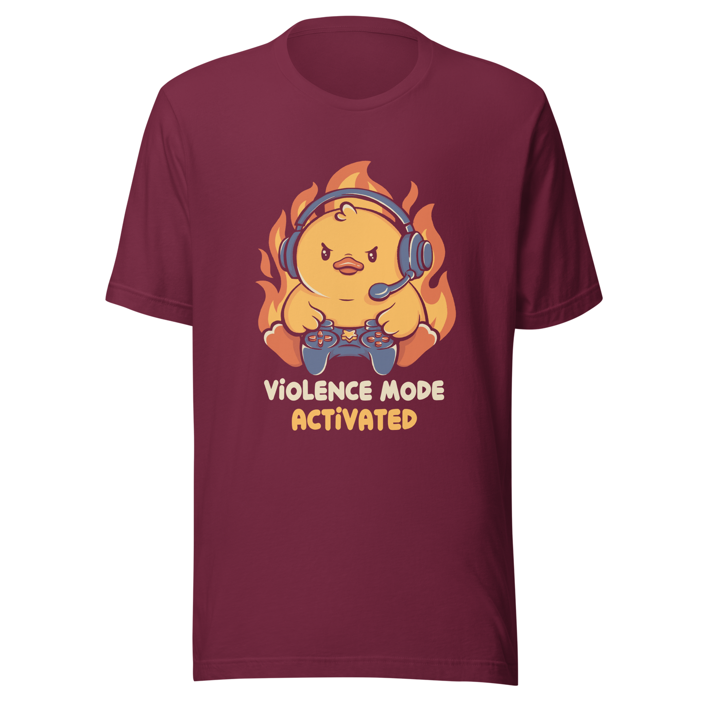 A determined duck, with flames behind it, wearing a gaming headset and holding a controller with intense focus. This design captures the humorous intensity of going full "violence mode" during competitive matches. Perfect for gamers, streamers, and fans of bold and fun geek designs.