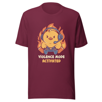 A determined duck, with flames behind it, wearing a gaming headset and holding a controller with intense focus. This design captures the humorous intensity of going full "violence mode" during competitive matches. Perfect for gamers, streamers, and fans of bold and fun geek designs.