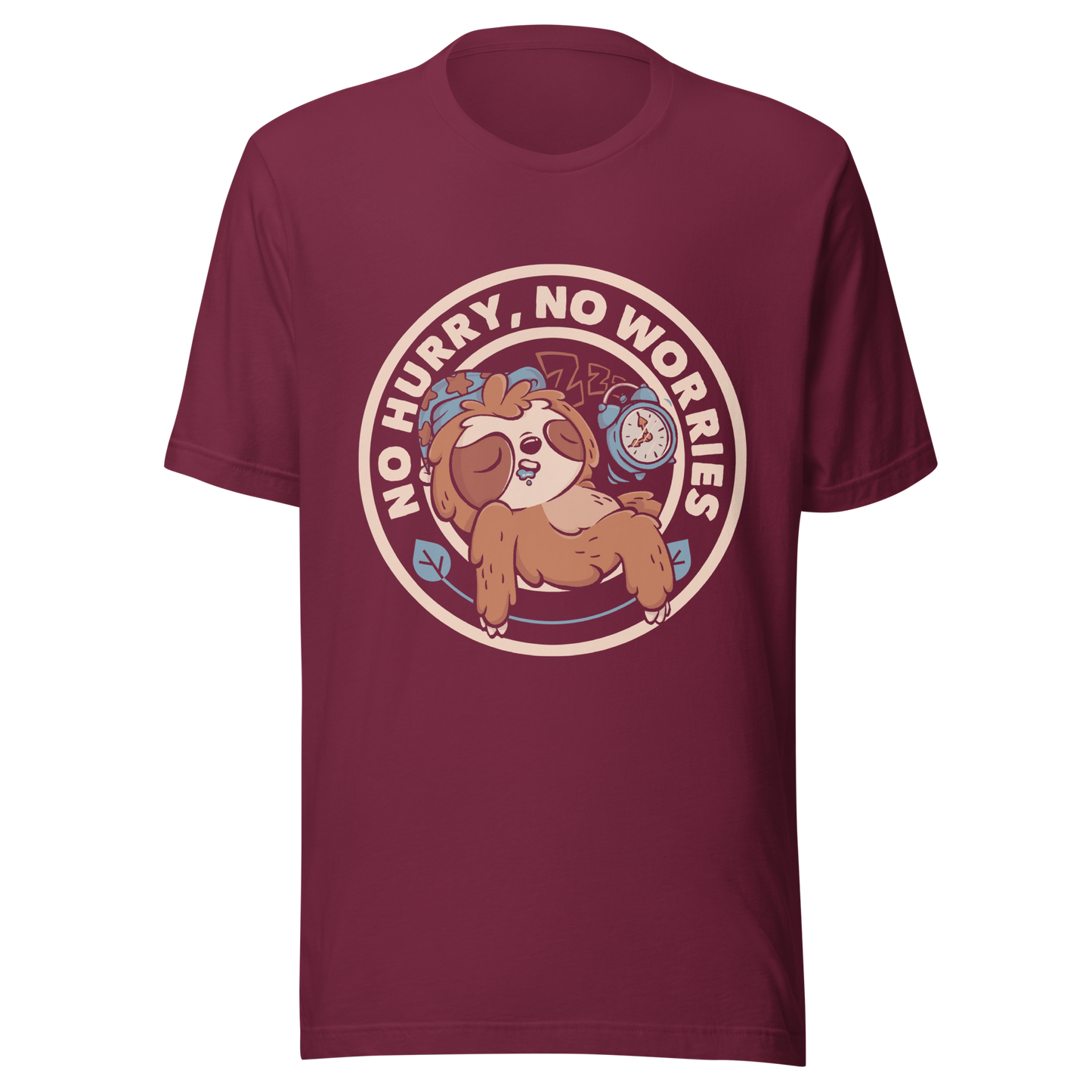 This cute artwork features a sleepy sloth wearing a sleeping cap with an alarm clock next to it and the phrase "no hurry, no worries" around it. This design celebrates the pleasure of slowing down and living without haste. Perfect for those who love light vibes, lazy humor, and prints that embrace a tired soul.