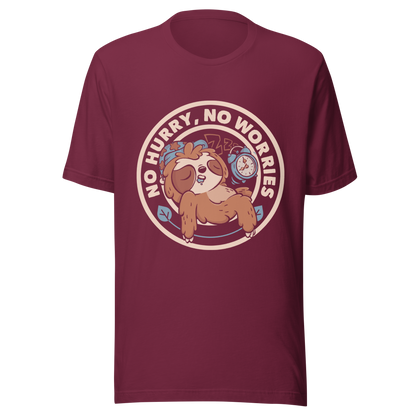 This cute artwork features a sleepy sloth wearing a sleeping cap with an alarm clock next to it and the phrase "no hurry, no worries" around it. This design celebrates the pleasure of slowing down and living without haste. Perfect for those who love light vibes, lazy humor, and prints that embrace a tired soul.