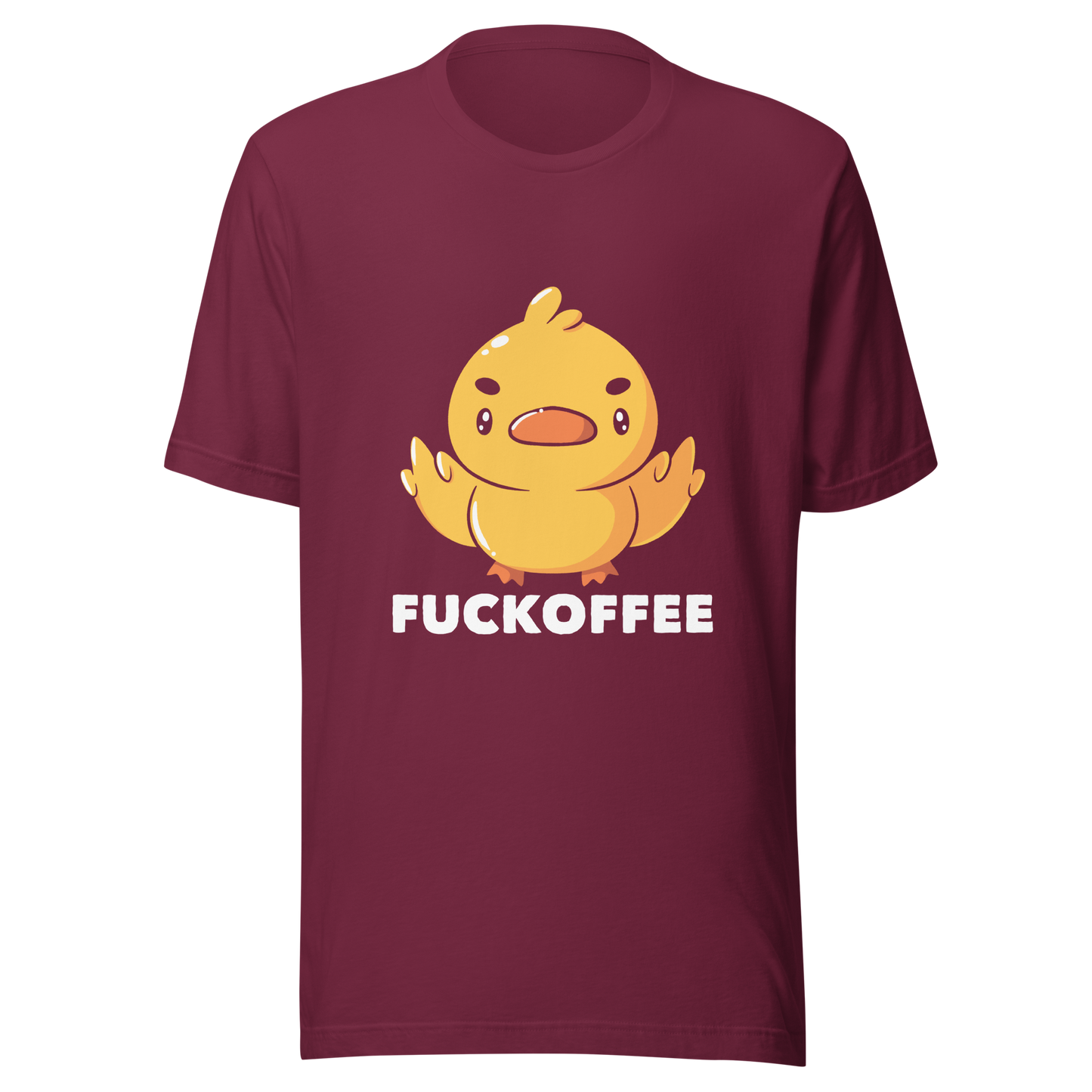 A cute yellow duckling with a mean face showing his middle fingers, next to it the phrase "Fuckoffee". An art with humor for those who love ducks.