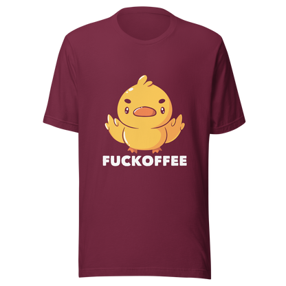 A cute yellow duckling with a mean face showing his middle fingers, next to it the phrase "Fuckoffee". An art with humor for those who love ducks.