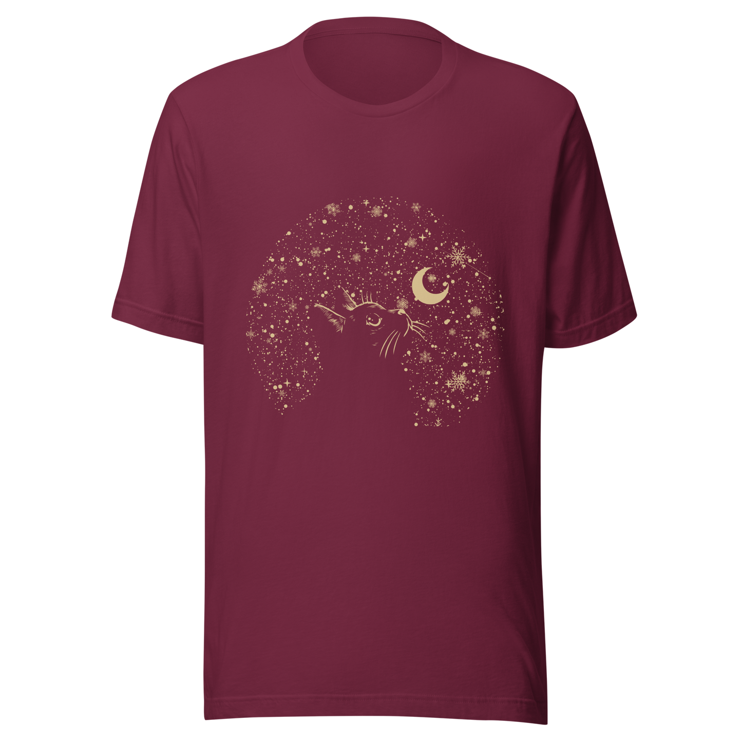 A minimalist artwork featuring a kitten in profile, gazing at the crescent moon on a quiet, moonlit night. A poetic piece, perfect for those who love cats and a slightly melancholic winter atmosphere.