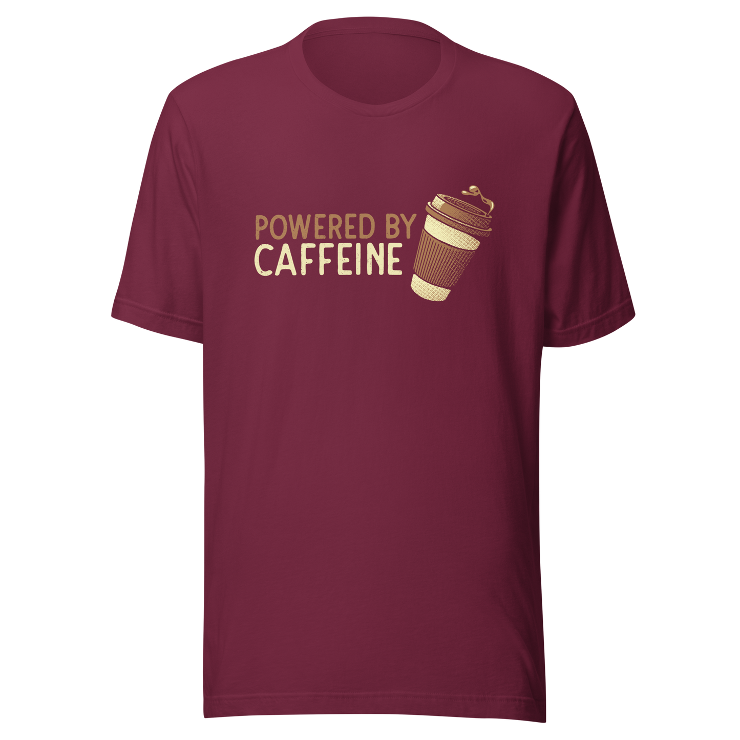 A steaming coffee cup tilts playfully beside the phrase “Powered by Caffeine,” written in bold, vintage-style lettering. This design perfectly captures the spirit of those who run entirely on coffee and determination. Ideal for caffeine lovers, coffee addicts and anyone who can’t start the day without their favorite brew.