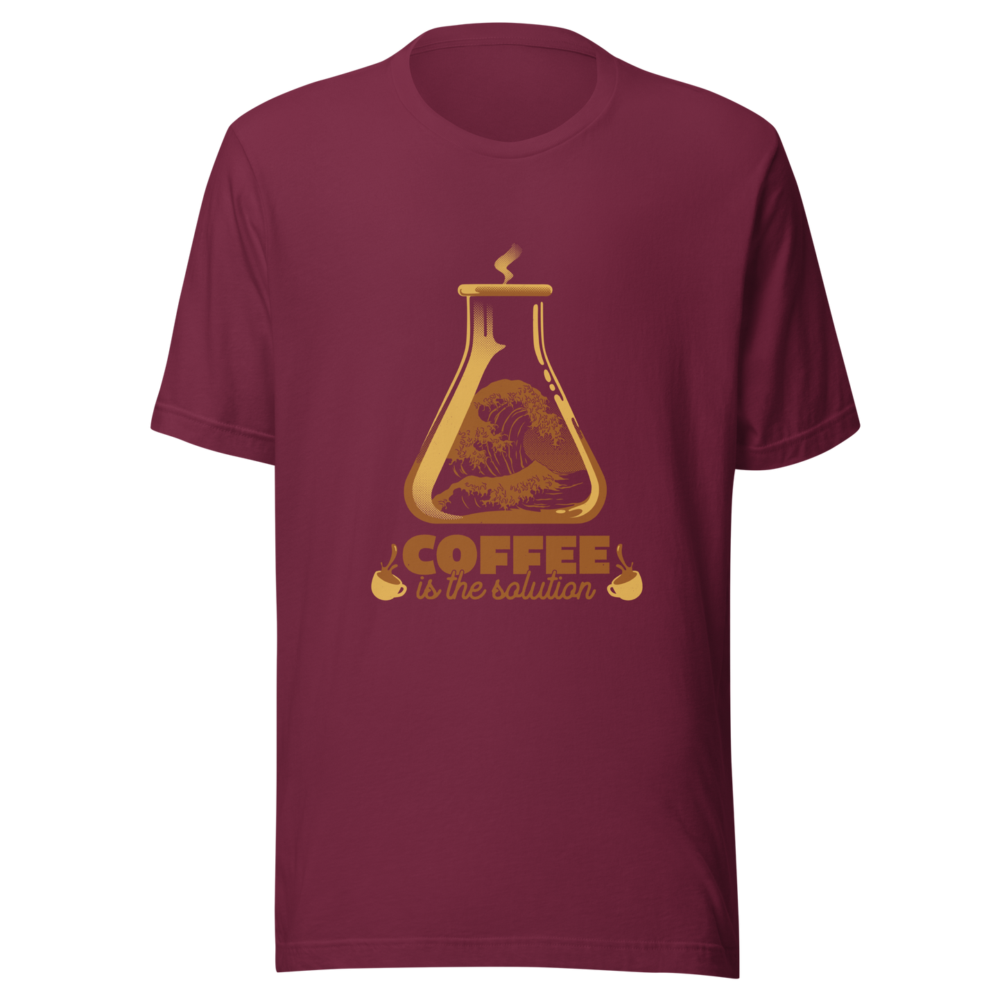 A stylized laboratory flask holding a powerful ocean wave, paired with bold retro typography reading ‘Coffee is the solution’. A playful design that blends science, humor, and coffee culture, perfect for coffee lovers, scientists, students, and anyone who believes caffeine solves most daily problems.