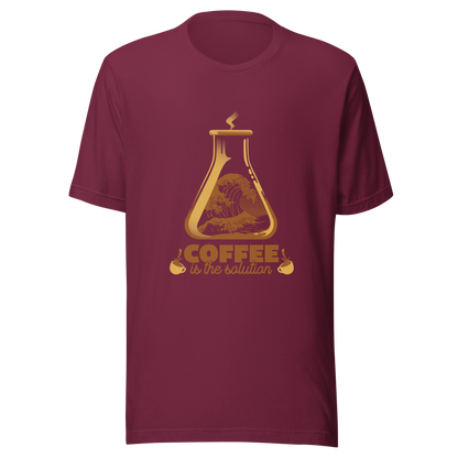 A stylized laboratory flask holding a powerful ocean wave, paired with bold retro typography reading ‘Coffee is the solution’. A playful design that blends science, humor, and coffee culture, perfect for coffee lovers, scientists, students, and anyone who believes caffeine solves most daily problems.