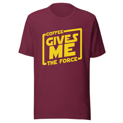 An artwork in yellow inspired by classic space adventure movies, featuring the phrase “Coffee Gives Me The Force”. A fun design for coffee lovers, sci-fi fans and anyone powered by caffeine and galaxy vibes.