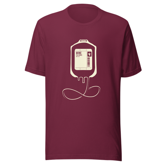 The artwork depicts an infusion pouch stylized as a full wine bag, with a detailed label in shades of cream. It plays on the idea that, for some, wine is almost like an essential fuel. Perfect for wine lovers and fans of sarcastic humor.