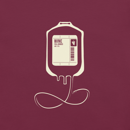 The artwork depicts an infusion pouch stylized as a full wine bag, with a detailed label in shades of cream. It plays on the idea that, for some, wine is almost like an essential fuel. Perfect for wine lovers and fans of sarcastic humor.