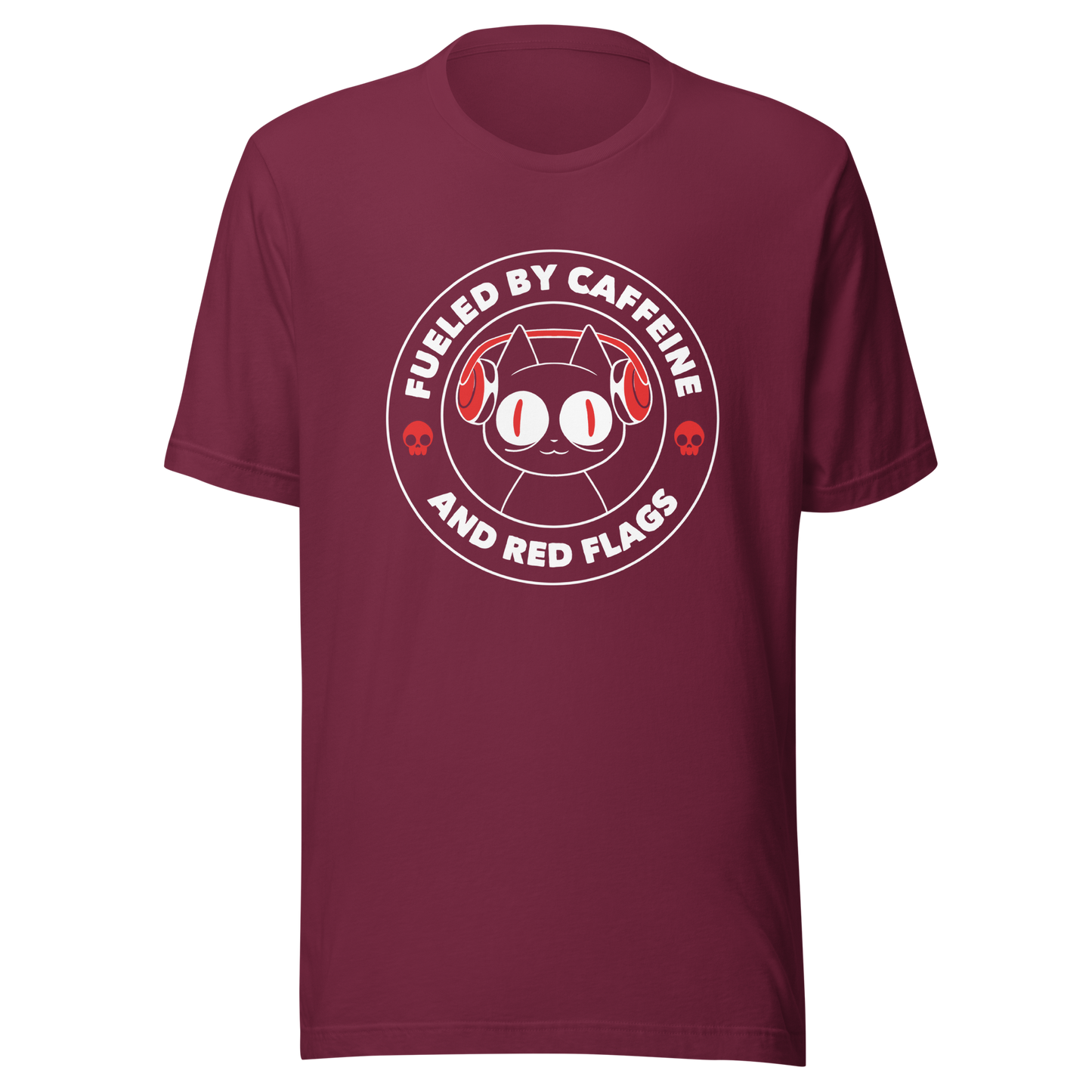 A stamp-style illustration of a black cat wearing headphones, featuring the phrase “Fueled by Caffeine and Red Flags”. A humorous and ironic design perfect for coffee lovers, chaotic souls, and anyone who embraces their red flags with style.