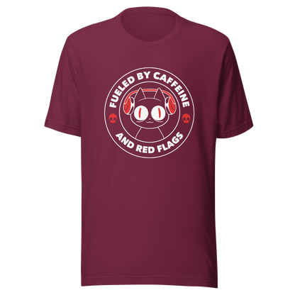 A stamp-style illustration of a black cat wearing headphones, featuring the phrase “Fueled by Caffeine and Red Flags”. A humorous and ironic design perfect for coffee lovers, chaotic souls, and anyone who embraces their red flags with style.