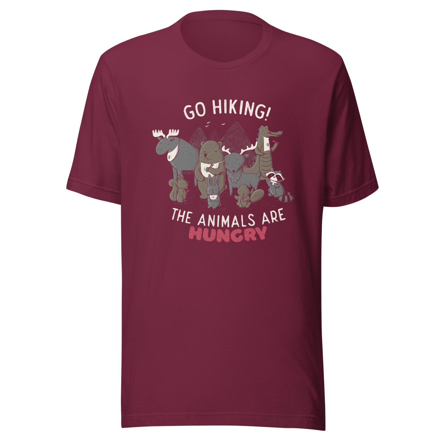 A playful nighttime illustration of cute animals gathered around a meal, holding utensils and napkins, ready to eat. Paired with the humorous phrase “Go Hiking! The Animals Are Hungry”, this whimsical design is perfect for animal lovers, fans of ironic humour, and anyone who enjoys fun art with a cheeky twist.