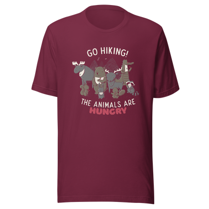 A playful nighttime illustration of cute animals gathered around a meal, holding utensils and napkins, ready to eat. Paired with the humorous phrase “Go Hiking! The Animals Are Hungry”, this whimsical design is perfect for animal lovers, fans of ironic humour, and anyone who enjoys fun art with a cheeky twist.