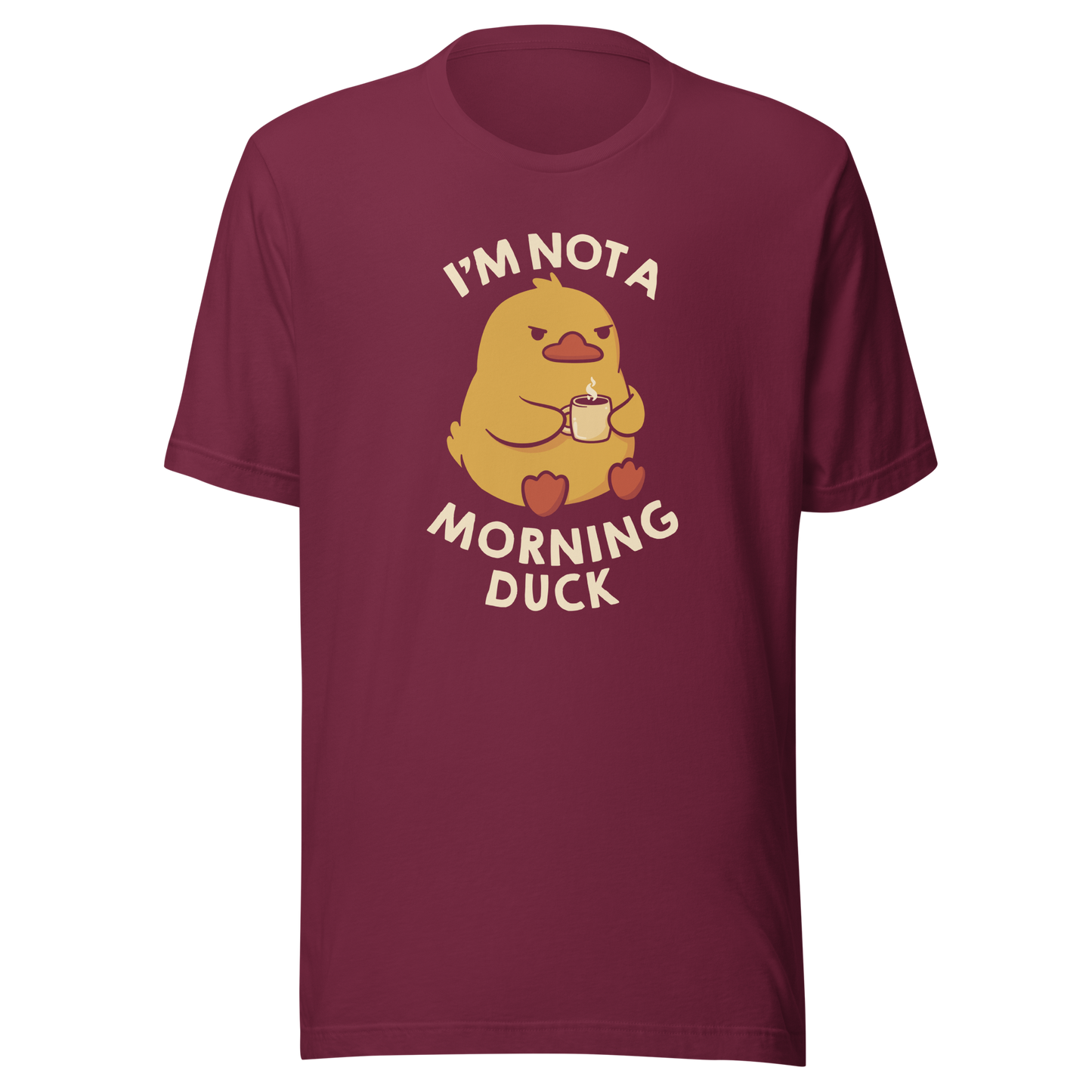 A cute little yellow duck, with a grumpy face, holding a mug of coffee and surrounded by the words "I'm Not a Morning Duck". This design plays on the humor of difficult mornings, mixing cuteness and sarcasm for those who only function after coffee. Perfect for those who are not at all morning people, coffee lovers and fans of funny prints and cute ducks.