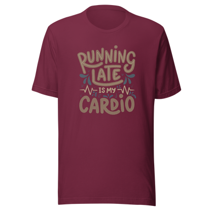 A playful hand-lettered typography design featuring the phrase “Running Late Is My Cardio,” with heartbeat lines and dynamic accents on the background. The artwork jokes that being late is the only form of exercise, poking fun at rushed mornings and chaotic routines with lighthearted humor. Ideal for chronically late people and anyone who loves good humor.