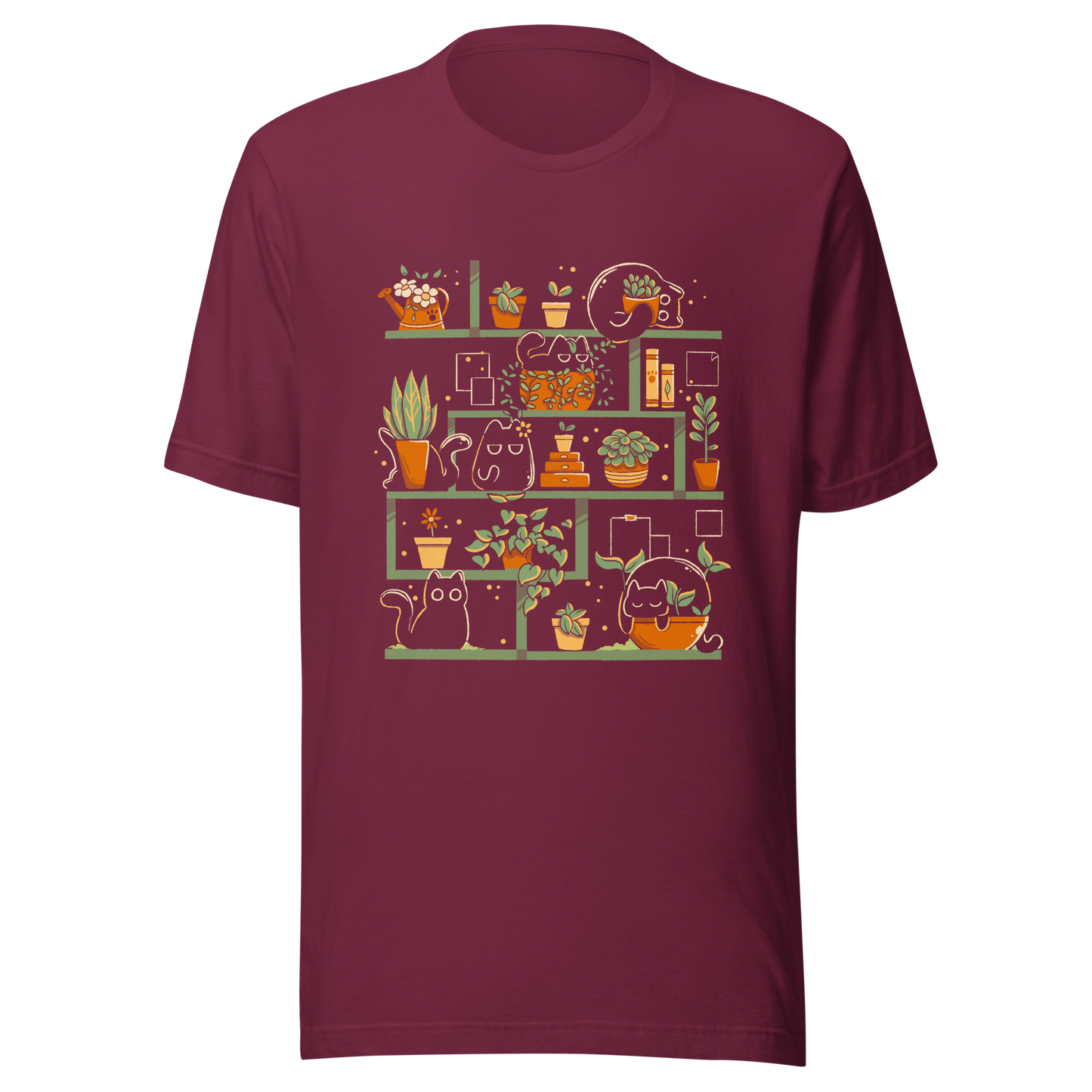 A minimalist illustration of a charming bookcase filled with lush potted plants and adorable kittens nestled among them. A cute and funny design, perfect for cat lovers, plant enthusiasts, and cosy decor fans.